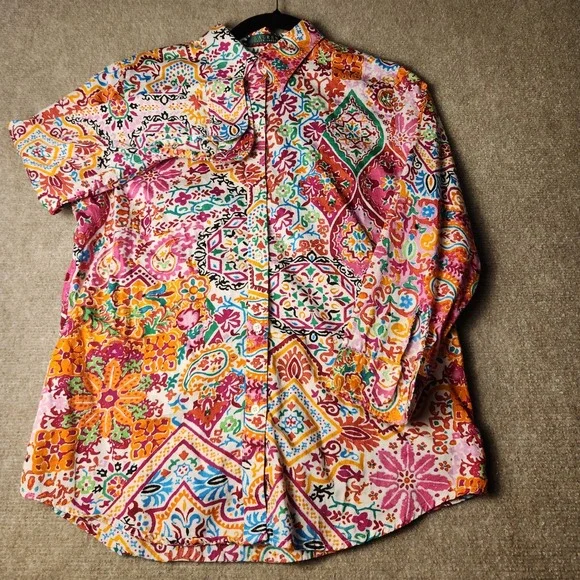 Lauren Ralph Lauren Womens Medium Cotton Paisley Boho Button Up Shirt Multi - Picture 2 of 9